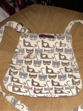 bungalow 360 Cat Print Crossbody in Cream, Gray, Blue and Yellow